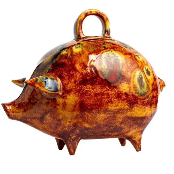 Vintage Handcrafted Ceramic Piggy Bank With Handle and Abstract Glaze Design - Picture 1 of 11